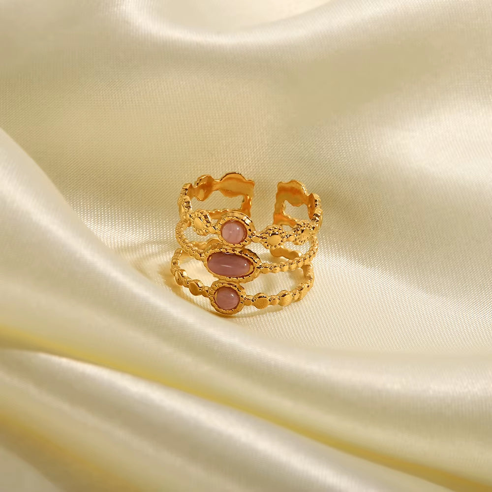 Uworld Stainless Steel Gold Plated Three-Row Pink Stone Ring Statement Golden 18 K Plated Ring Bague Acier Inoxydable Gift New