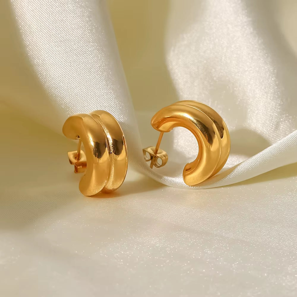 Uworld 10Mm New Trendy 18K Gold Plated Stainless Steel Jewelry Gift Double Layer CC Shaped Chunky Earrings for Women