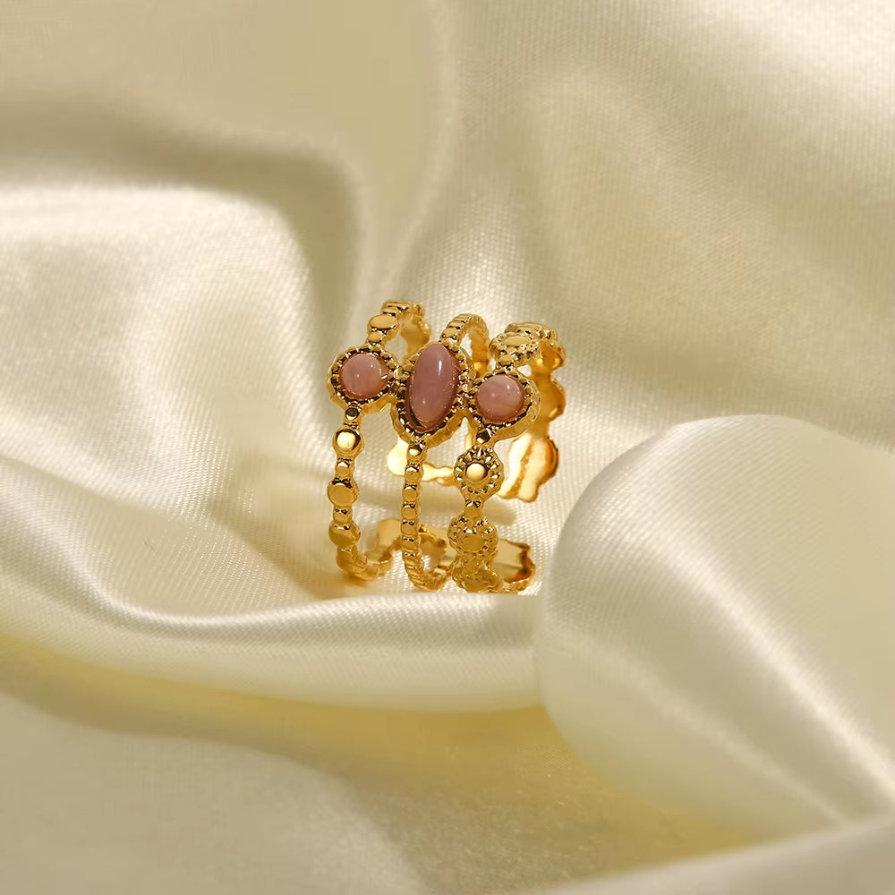 Uworld Stainless Steel Gold Plated Three-Row Pink Stone Ring Statement Golden 18 K Plated Ring Bague Acier Inoxydable Gift New