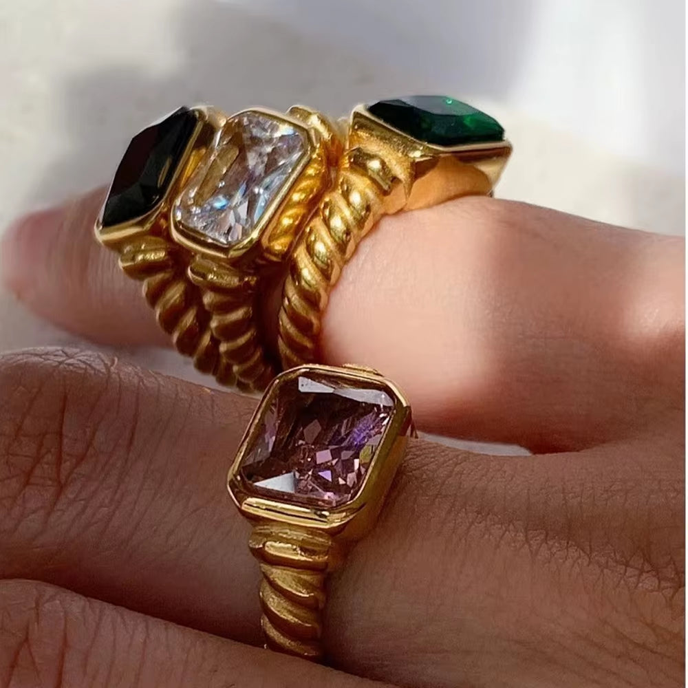 18K Gold PVD Plated 316L Stainless Steel Rings Finger Chunky Wedding Statement Jewelry Shell Freshwater Pearl Zircon Ring