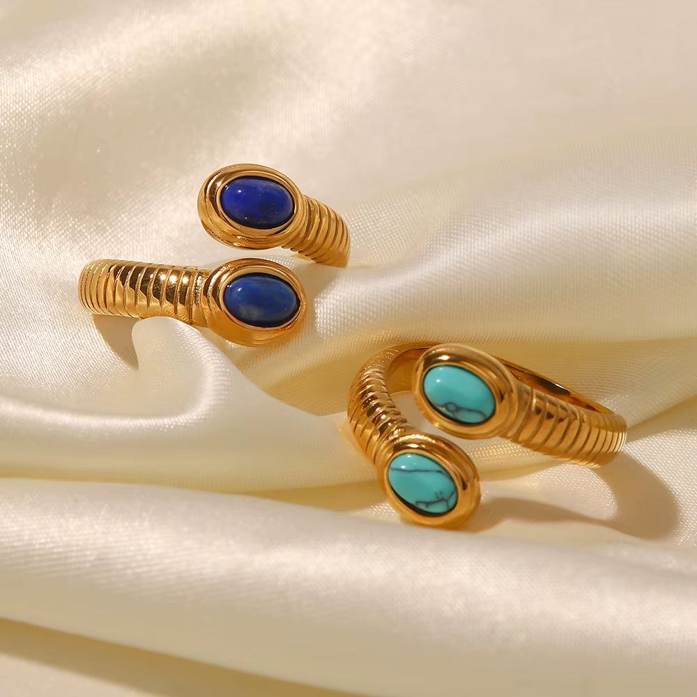 Uworld Waterproof 18K Gold Plated Stainless Steel Jewelry Open Thread Inlaid Lapis Lazuli Turquoise Stone Bead Snake Rings Party