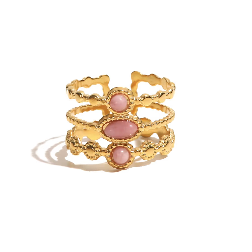 Uworld Stainless Steel Gold Plated Three-Row Pink Stone Ring Statement Golden 18 K Plated Ring Bague Acier Inoxydable Gift New