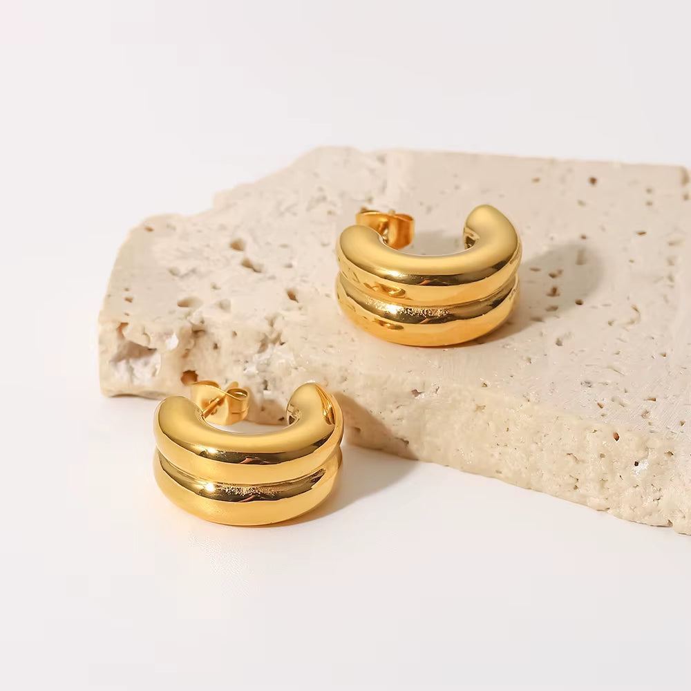 Uworld 10Mm New Trendy 18K Gold Plated Stainless Steel Jewelry Gift Double Layer CC Shaped Chunky Earrings for Women