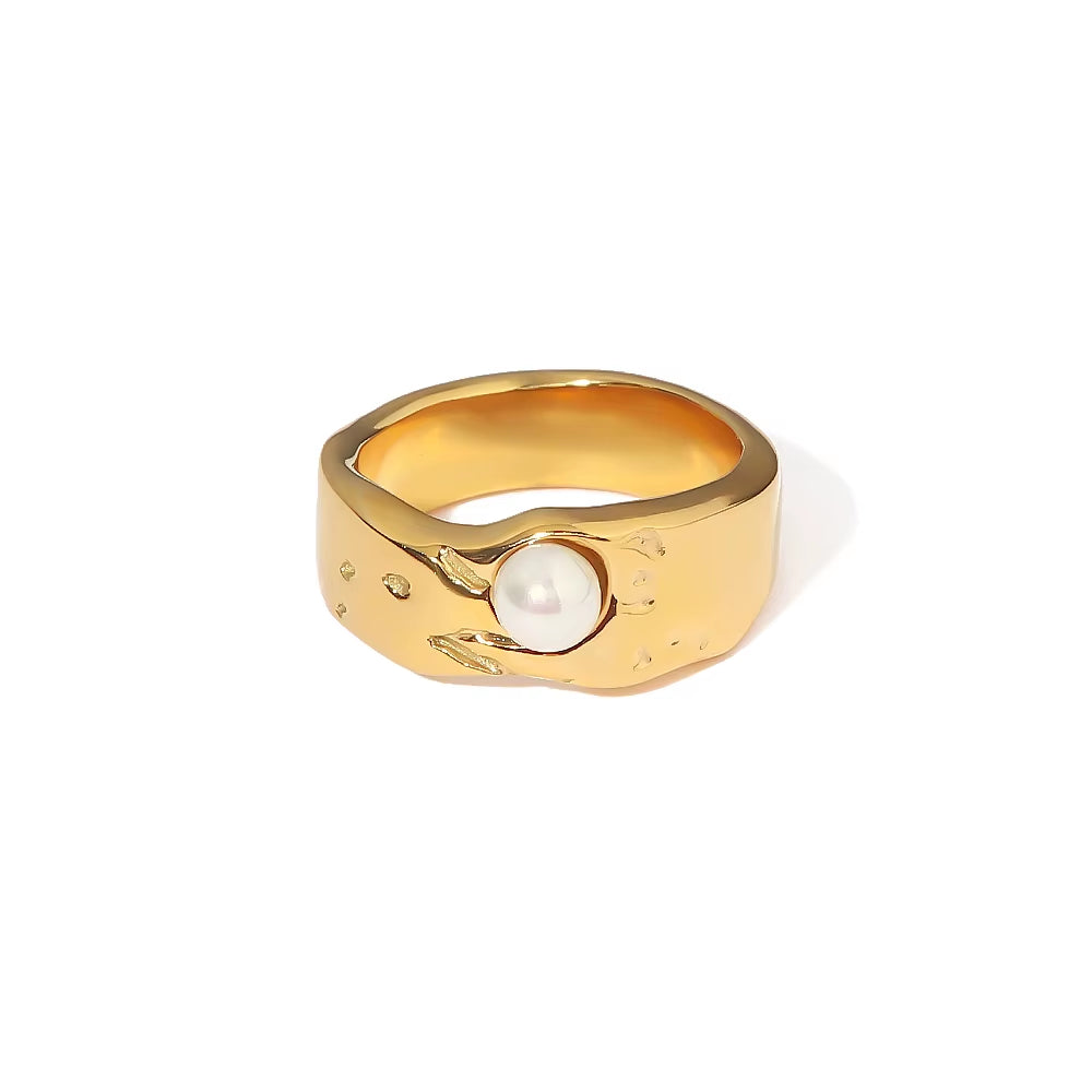18K Gold PVD Plated 316L Stainless Steel Rings Finger Chunky Wedding Statement Jewelry Shell Freshwater Pearl Zircon Ring