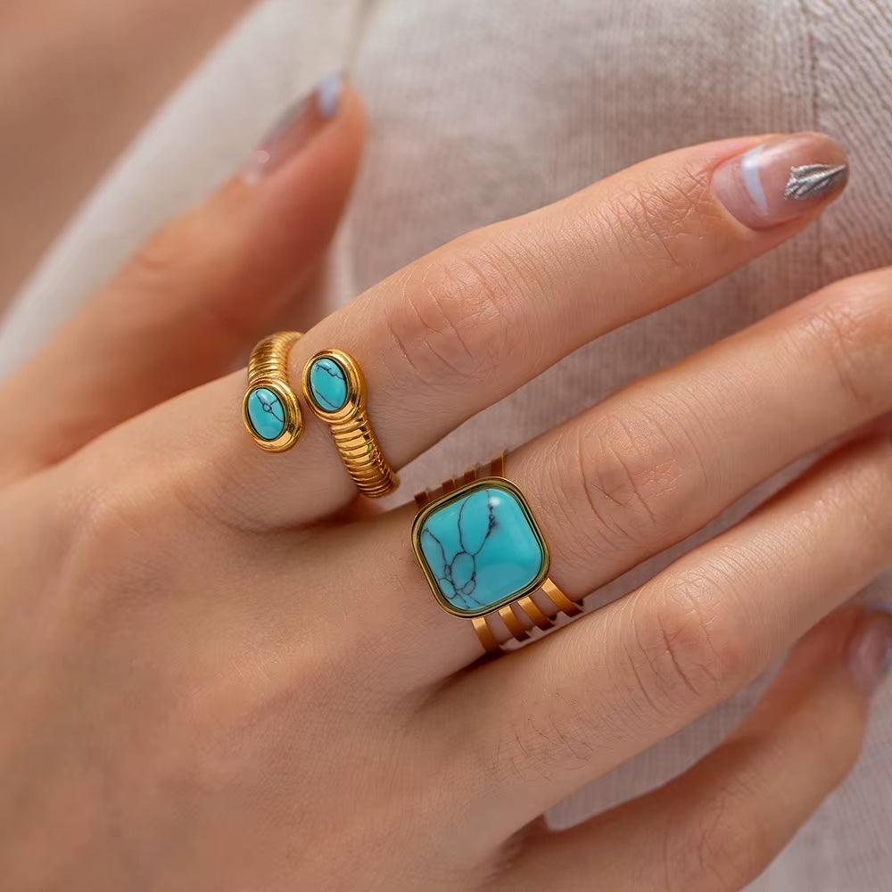 Uworld Waterproof 18K Gold Plated Stainless Steel Jewelry Open Thread Inlaid Lapis Lazuli Turquoise Stone Bead Snake Rings Party