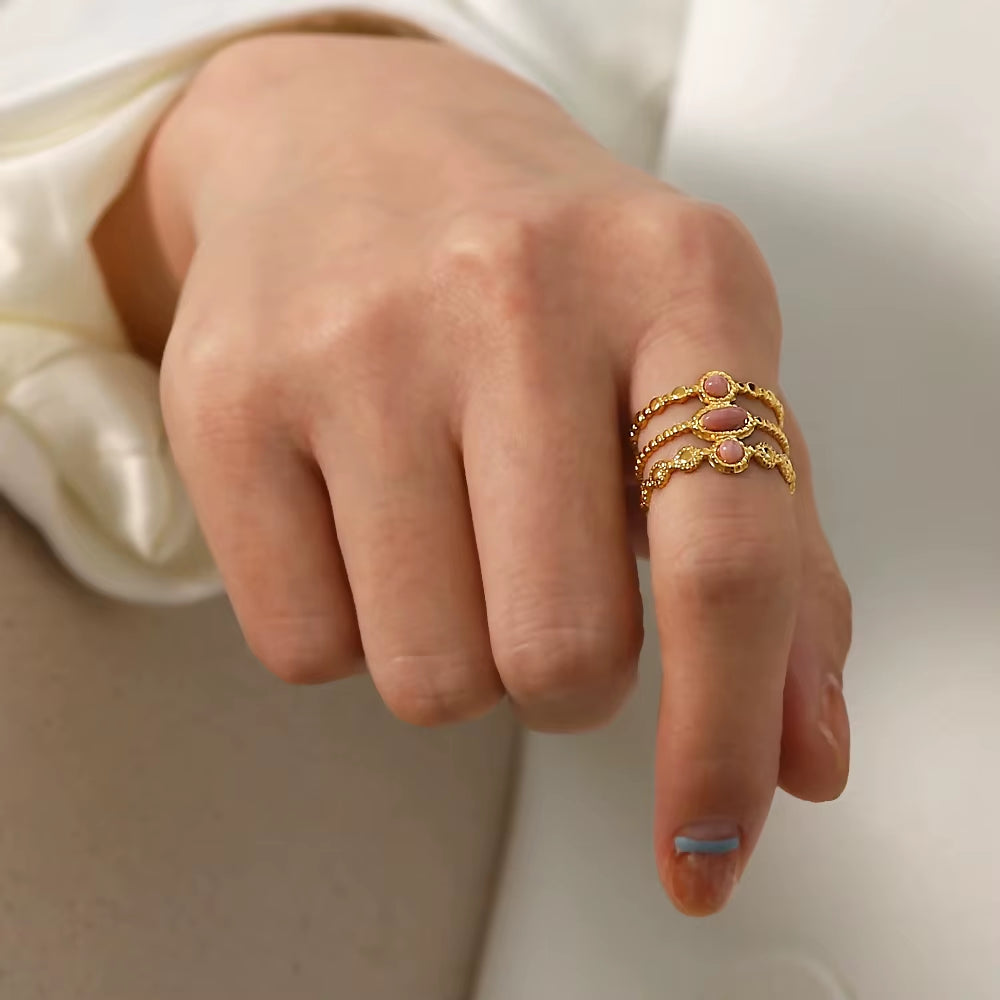 Uworld Stainless Steel Gold Plated Three-Row Pink Stone Ring Statement Golden 18 K Plated Ring Bague Acier Inoxydable Gift New