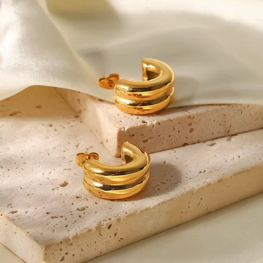 Uworld 10Mm New Trendy 18K Gold Plated Stainless Steel Jewelry Gift Double Layer CC Shaped Chunky Earrings for Women